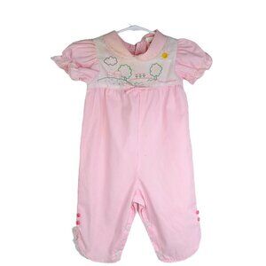 Vintage Pink White Micro Stripe Embroidered Peter Pan Collar Baby Girl Jumpsuit